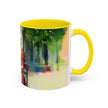 Artistic Red Dress Accent Coffee Mug - 11oz on a creative workspace filled with art materials