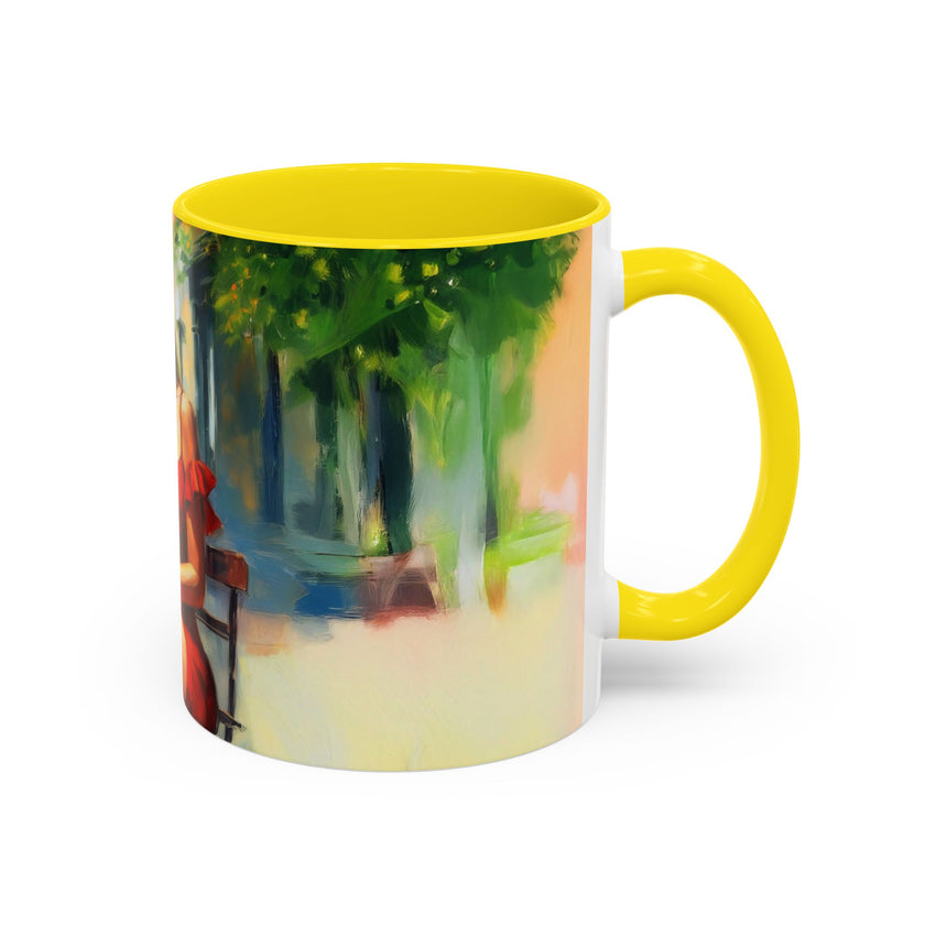Artistic Red Dress Accent Coffee Mug - 11oz on a creative workspace filled with art materials