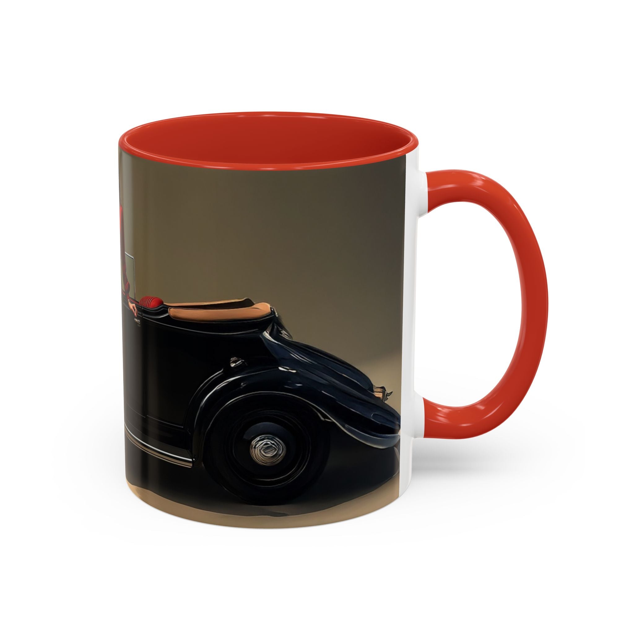 Stylish Accent Coffee Mug with an eye-catching retro car design.