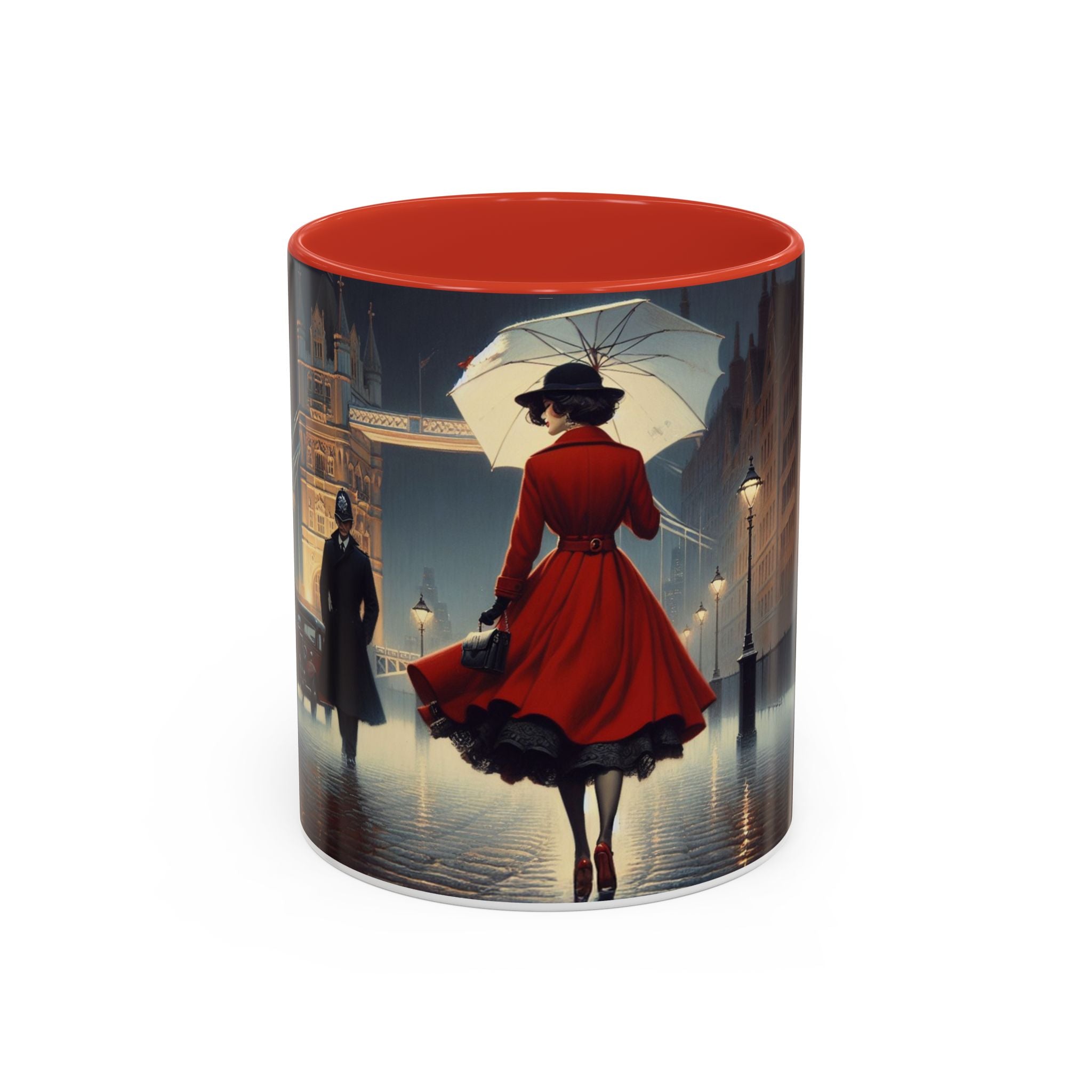 Elegant Red Dress Coffee Mug in 15oz size, ideal for tea or coffee with vibrant artistic print.