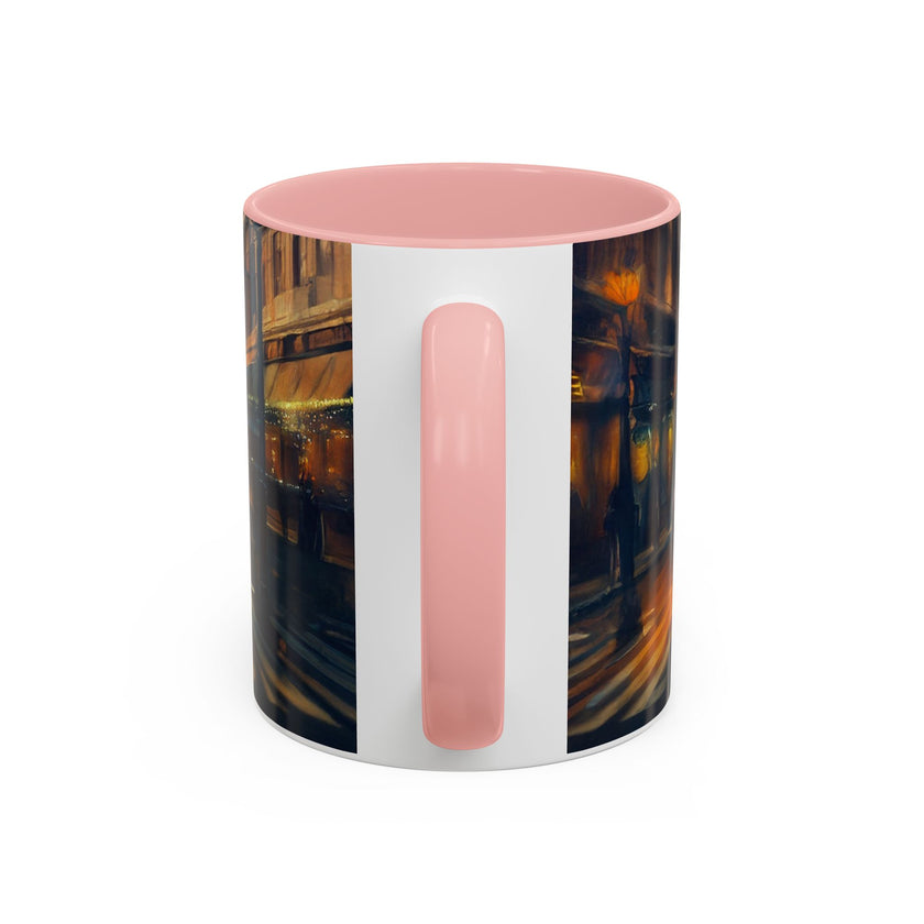 Vintage-Inspired Cityscape Accent Coffee Mug - 11oz & 15oz beside a notepad and pen for cozy indoor vibes.