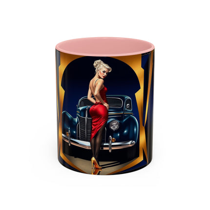 Vintage Pin-Up Coffee Mug - Classic Car Design next to a steaming cup of coffee on a table.