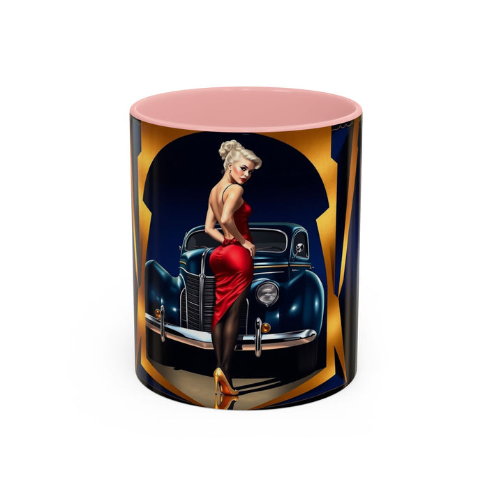Vintage Pin-Up Coffee Mug - Classic Car Design next to a steaming cup of coffee on a table.