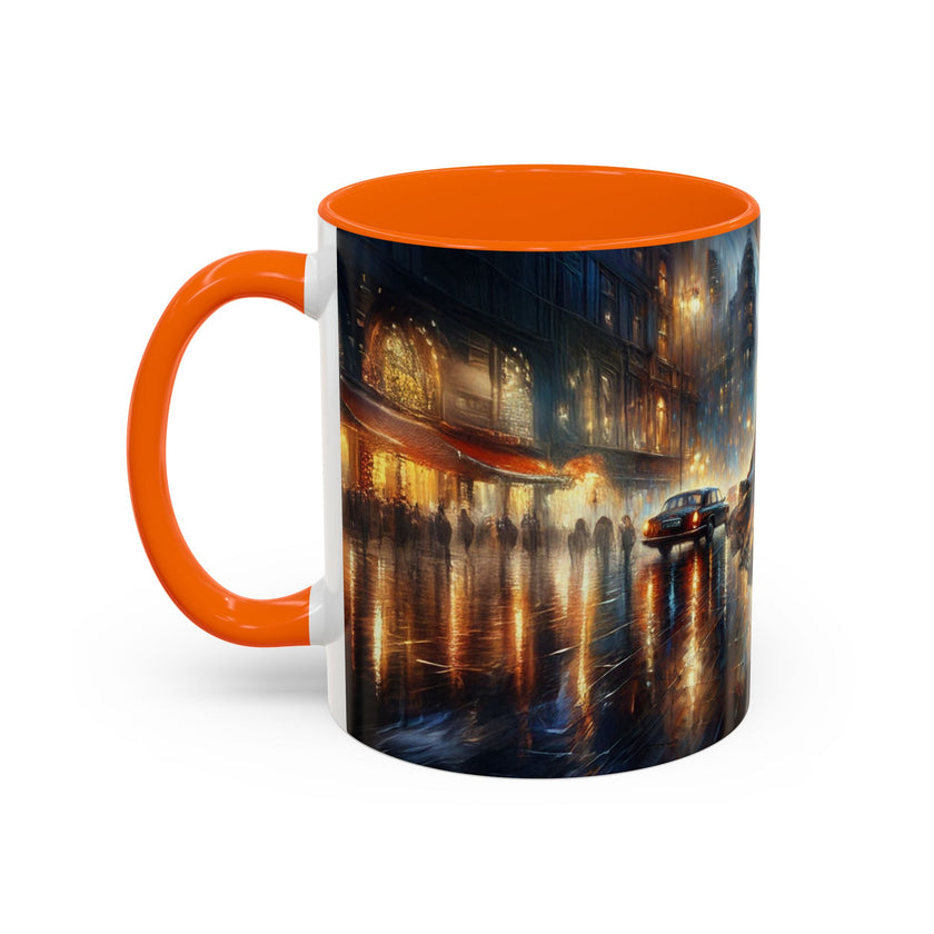 Elegant Nighttime Cityscape Coffee Mug elegantly displayed, ideal for coffee lovers seeking artistic drinkware.