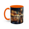 Elegant Nighttime Cityscape Coffee Mug elegantly displayed, ideal for coffee lovers seeking artistic drinkware.