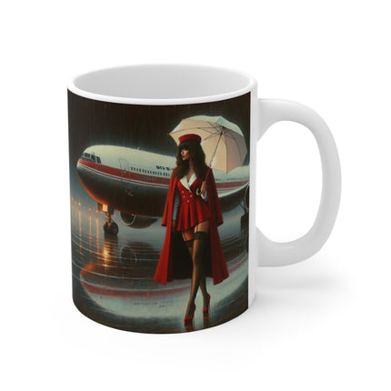 Retro Woman, Airplane Mug, Aviation Enthusiast Gift, Coffee Cup, Retro, Unique Pilot Mug, Glamour, Retro, Woman, Car, Dress, Red