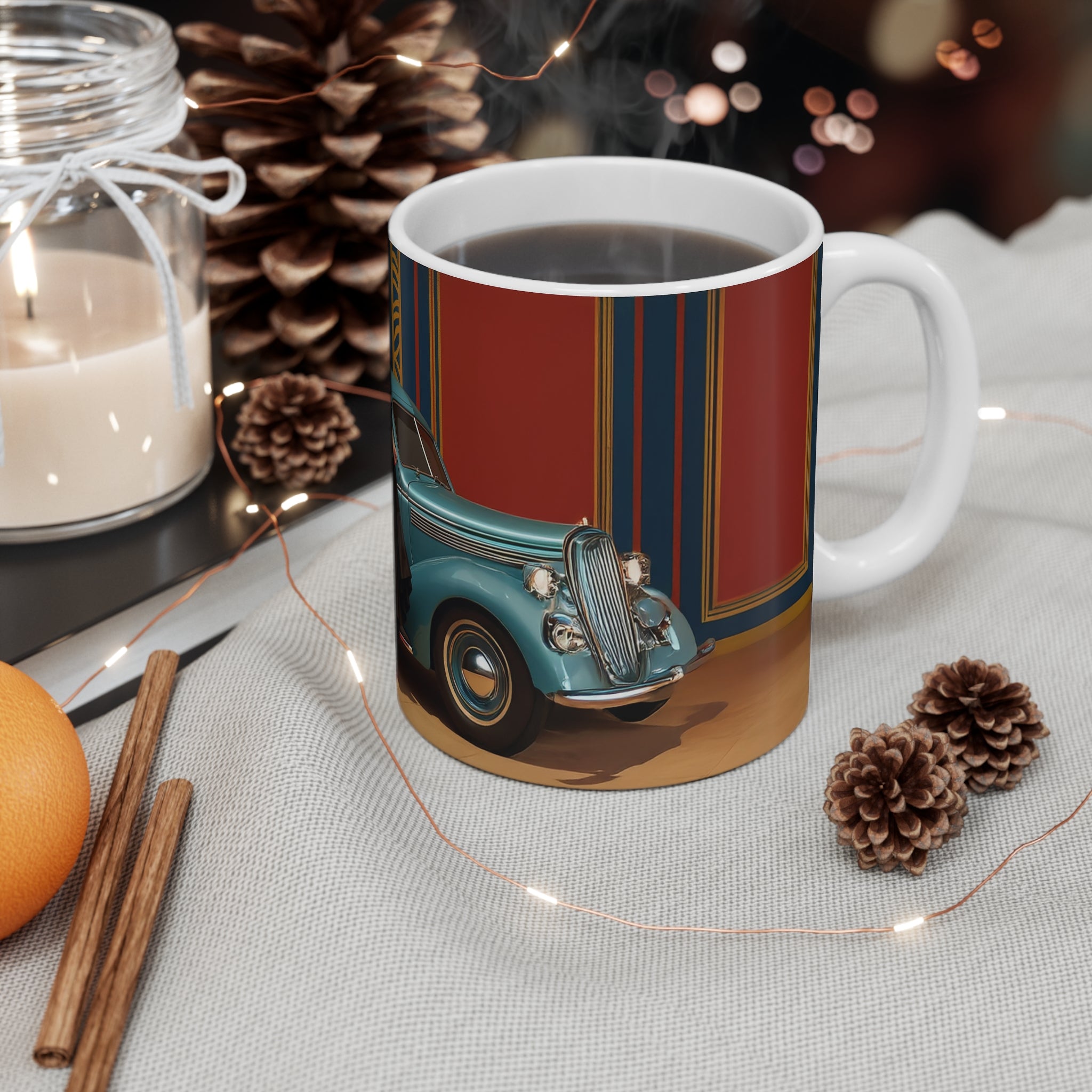 Attractive Woman, Red  Dress, Retro Car, Enthusiast Gift, Coffee Cup, Retro, Unique Pilot Mug, Glamour, Retro, Woman, Car