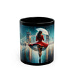 Stylish Urban Scene Mug, black ceramic coffee cup showcasing rainy day vibes, perfect gift for coffee lovers.