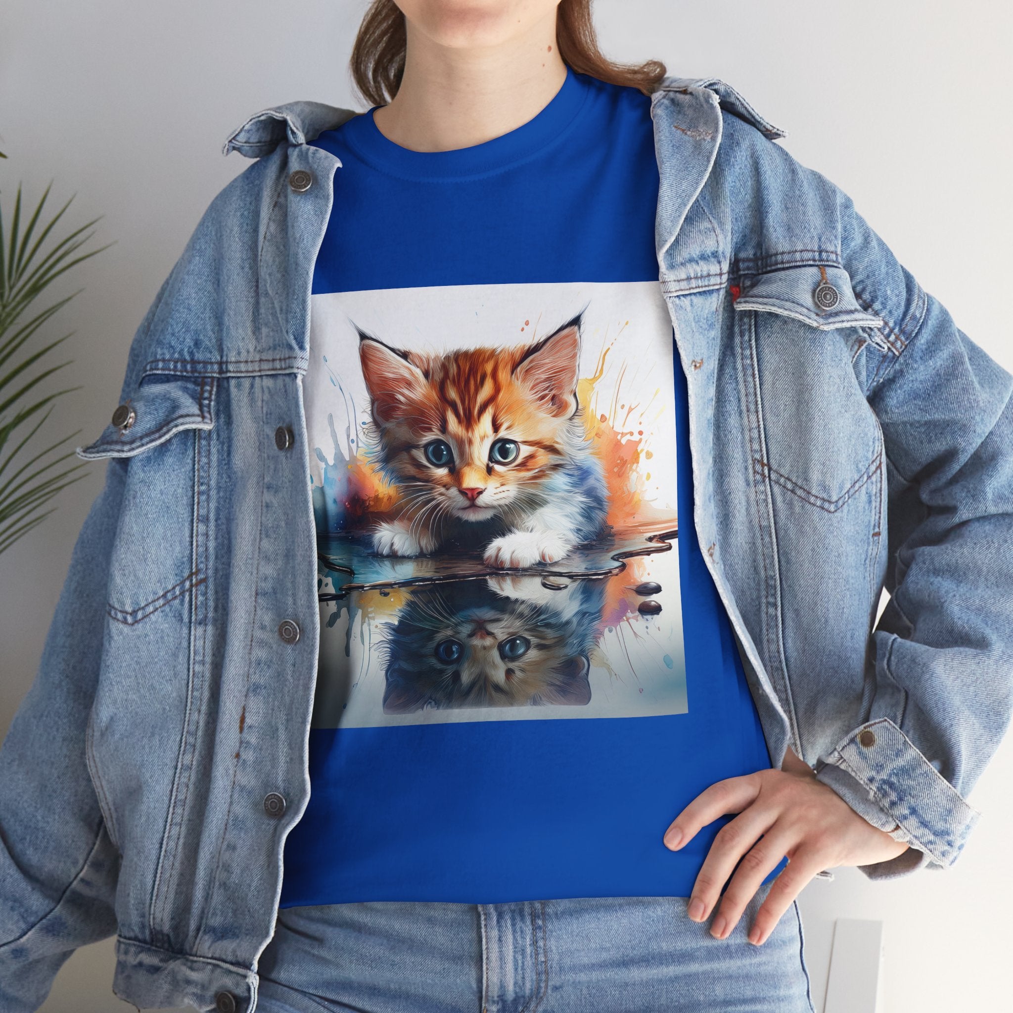 Adorable Cat Reflection Unisex Heavy Cotton Tee, Pet Lover T-Shirt, Animal Art Shirt, Cute Cat Gift for Her, Everyday Casual Wear