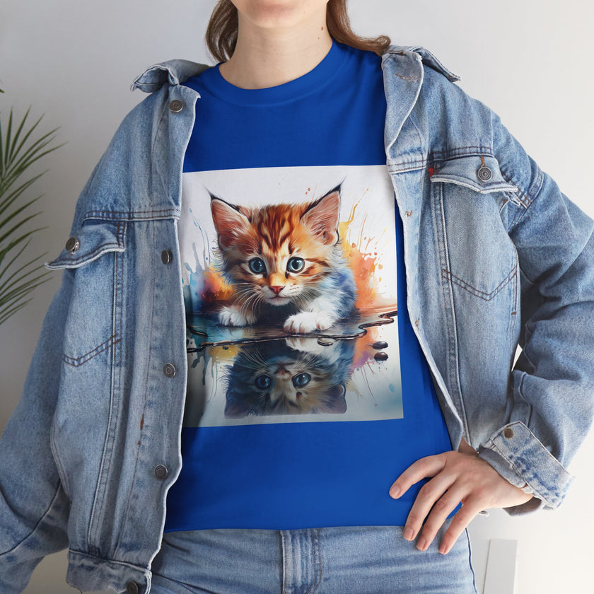 Adorable Cat Reflection Unisex Heavy Cotton Tee, Pet Lover T-Shirt, Animal Art Shirt, Cute Cat Gift for Her, Everyday Casual Wear