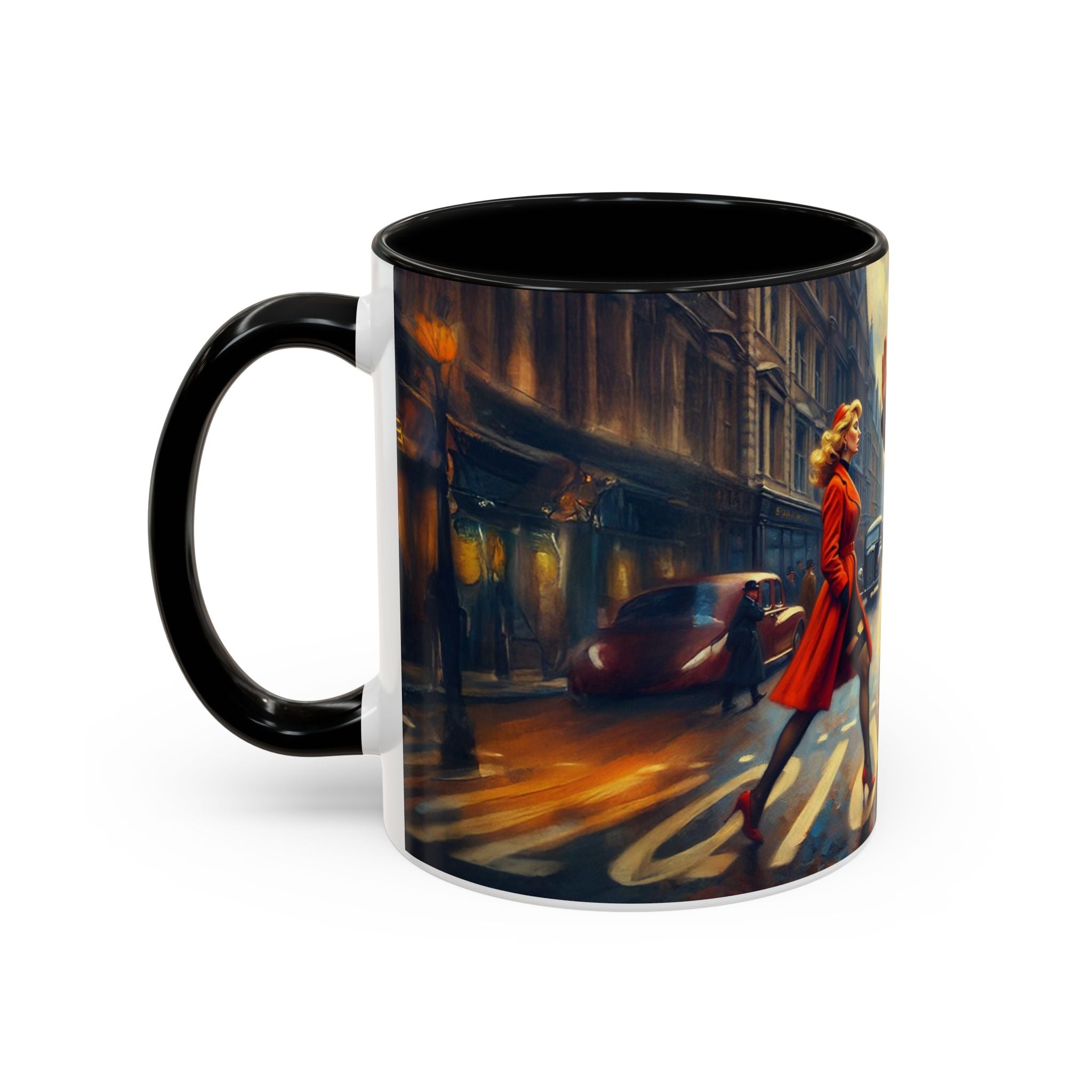 Vintage-Inspired Cityscape Accent Coffee Mug - 11oz & 15oz enjoying a picturesque city view.