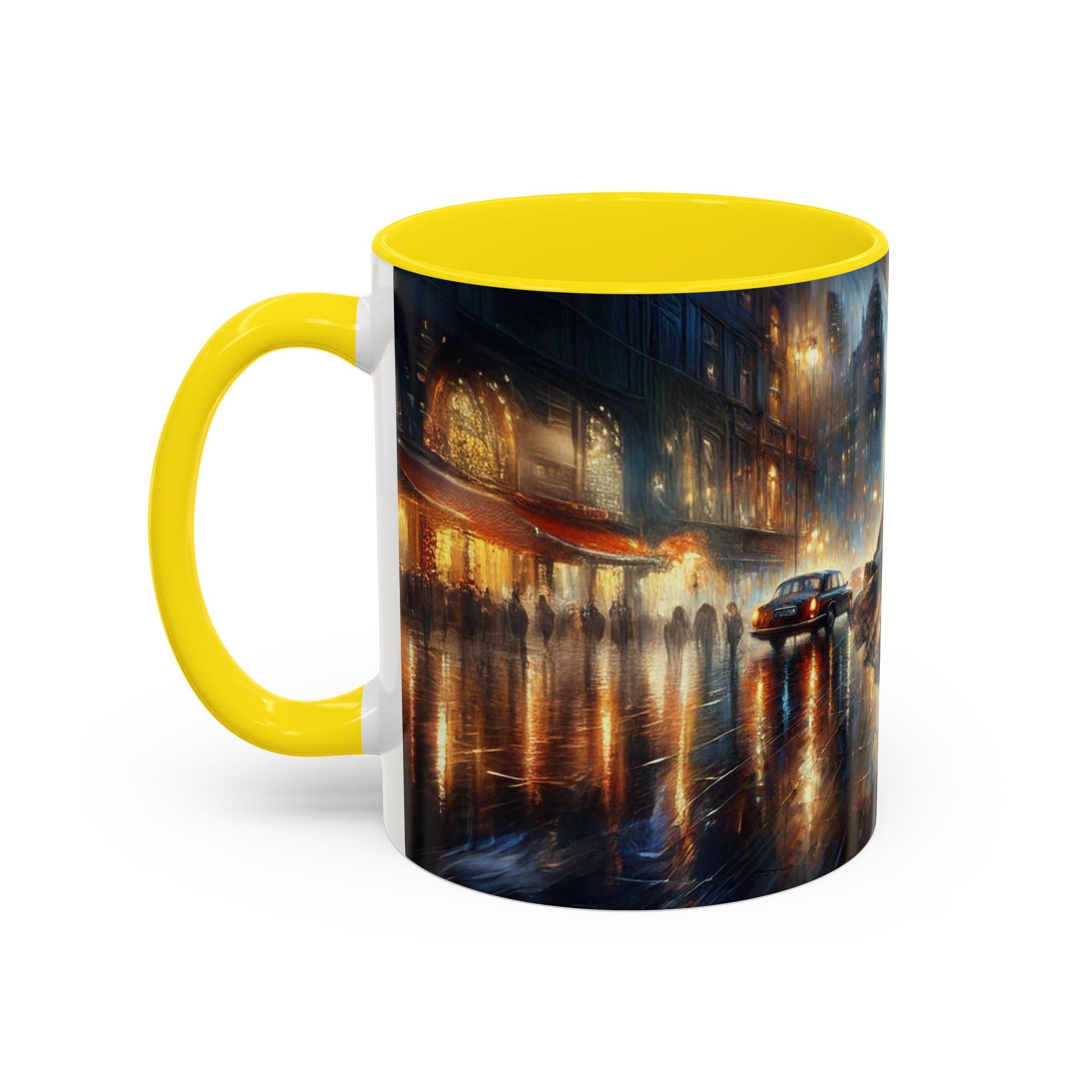 Elegant Nighttime Cityscape Coffee Mug with delicious coffee, ideal for coffee connoisseurs.