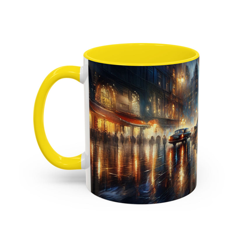 Elegant Nighttime Cityscape Coffee Mug with delicious coffee, ideal for coffee connoisseurs.