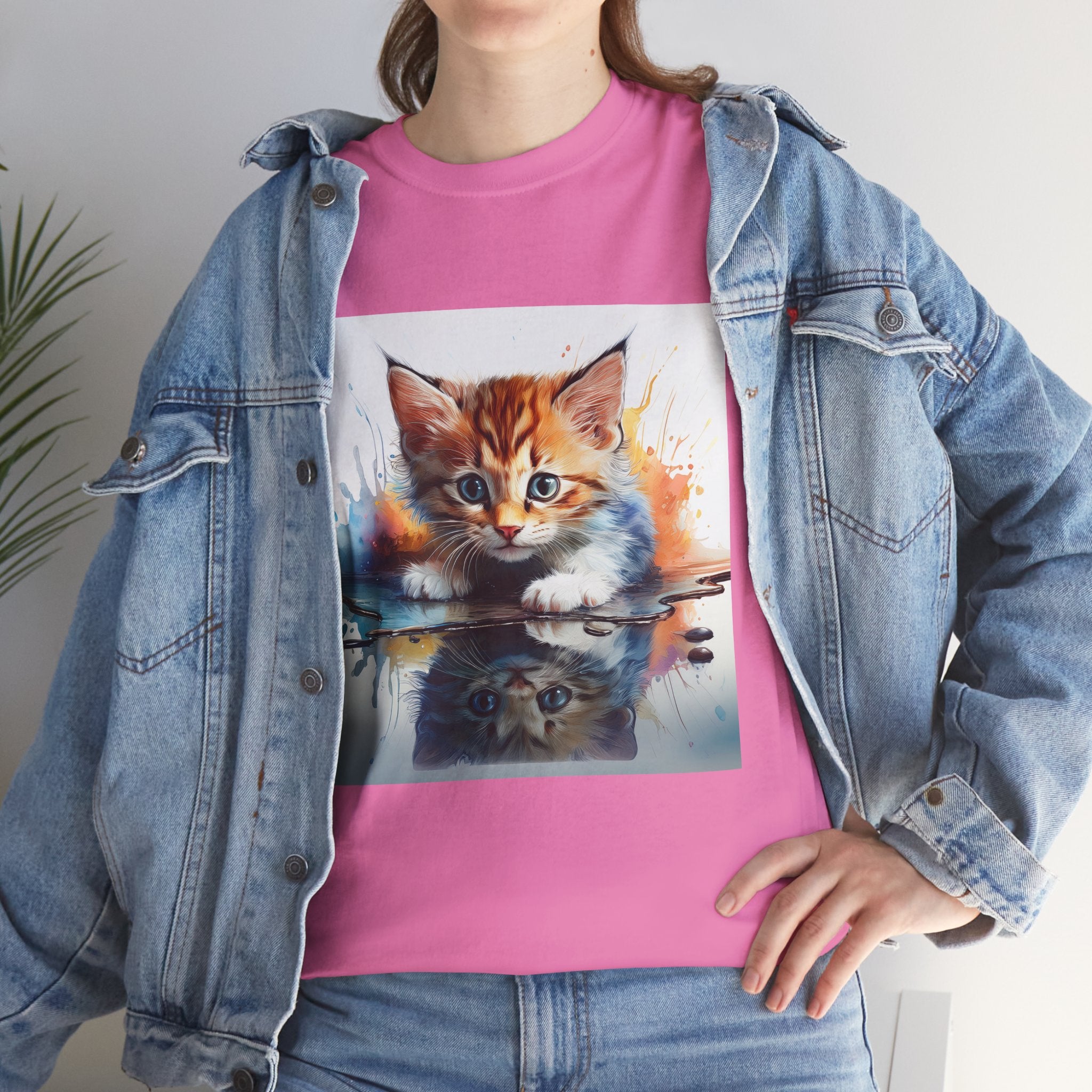 Adorable Cat Reflection Unisex Heavy Cotton Tee, Pet Lover T-Shirt, Animal Art Shirt, Cute Cat Gift for Her, Everyday Casual Wear