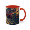 Vintage-Inspired Cityscape Accent Coffee Mug - 11oz & 15oz in a vibrant coffee shop atmosphere.