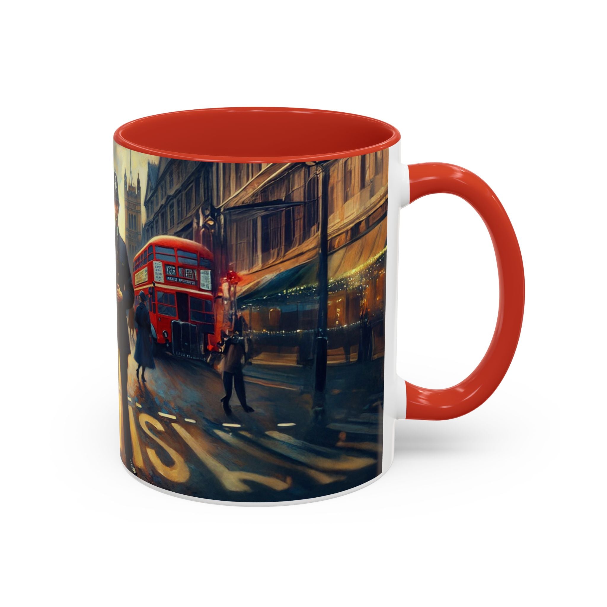 Vintage-Inspired Cityscape Accent Coffee Mug - 11oz & 15oz in a vibrant coffee shop atmosphere.