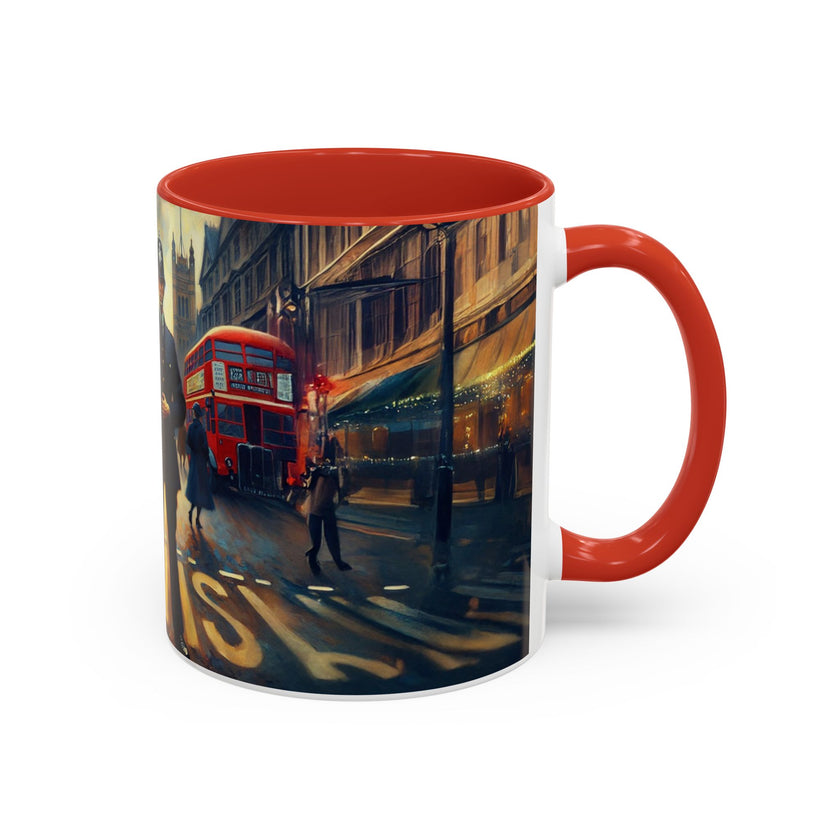 Vintage-Inspired Cityscape Accent Coffee Mug - 11oz & 15oz in a vibrant coffee shop atmosphere.