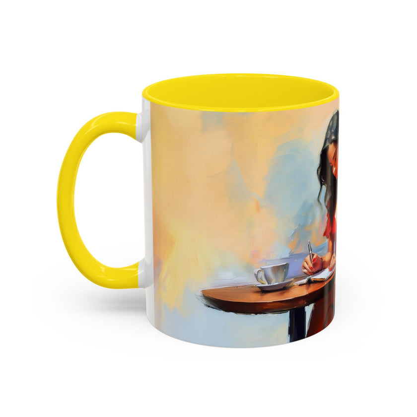 Artistic Red Dress Accent Coffee Mug - 11oz next to colorful potted plants for aesthetic appeal