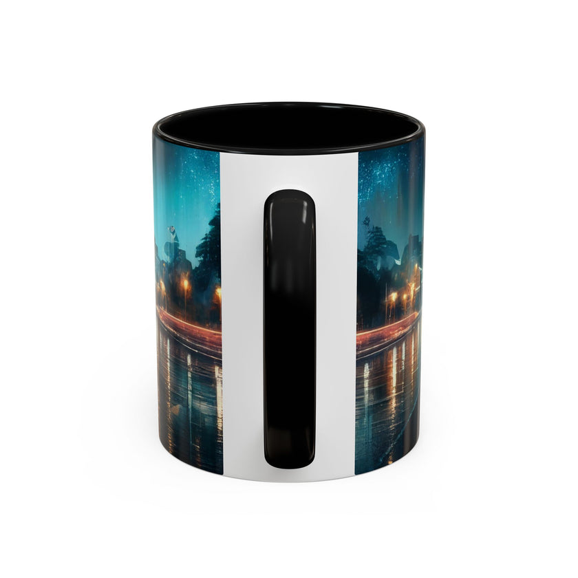 Glamorous Cityscape Coffee Mug on a cafe table, enhancing the coffee experience with a stylish look.