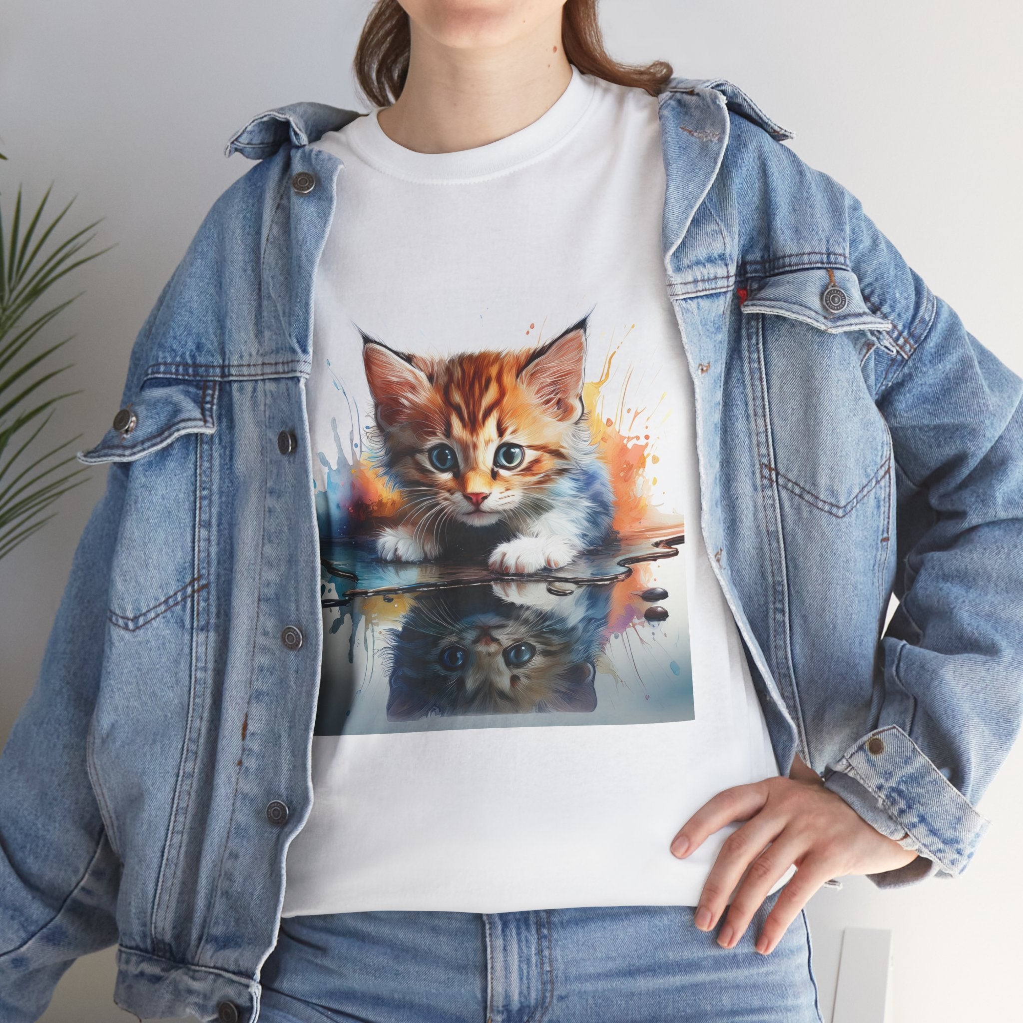 Adorable Cat Reflection Unisex Heavy Cotton Tee, Pet Lover T-Shirt, Animal Art Shirt, Cute Cat Gift for Her, Everyday Casual Wear