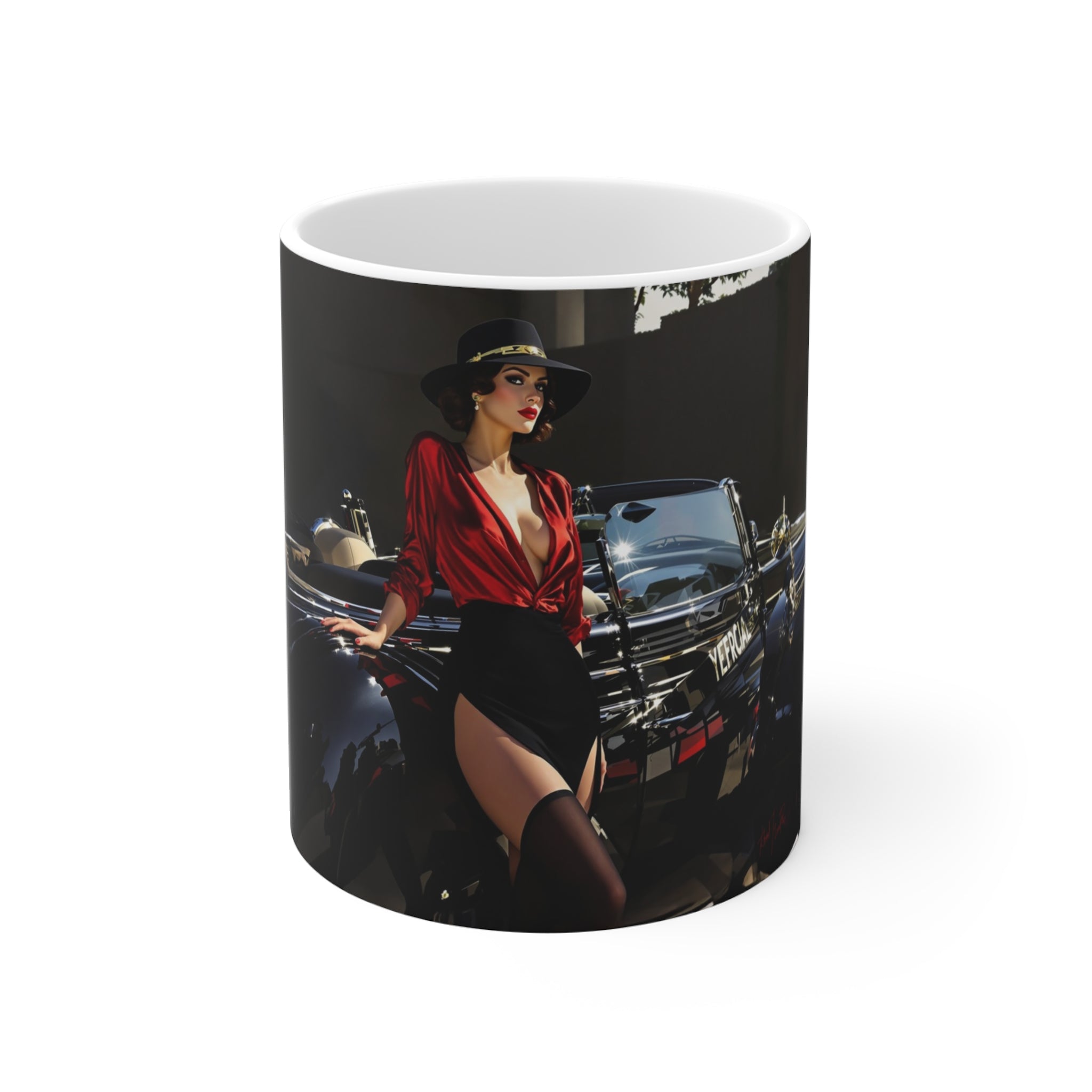 Attractive Woman In Red, Retro Car, Enthusiast Gift, Coffee Cup, Retro, Unique Pilot Mug, Glamour, Retro, Woman, Car, Dress, Red