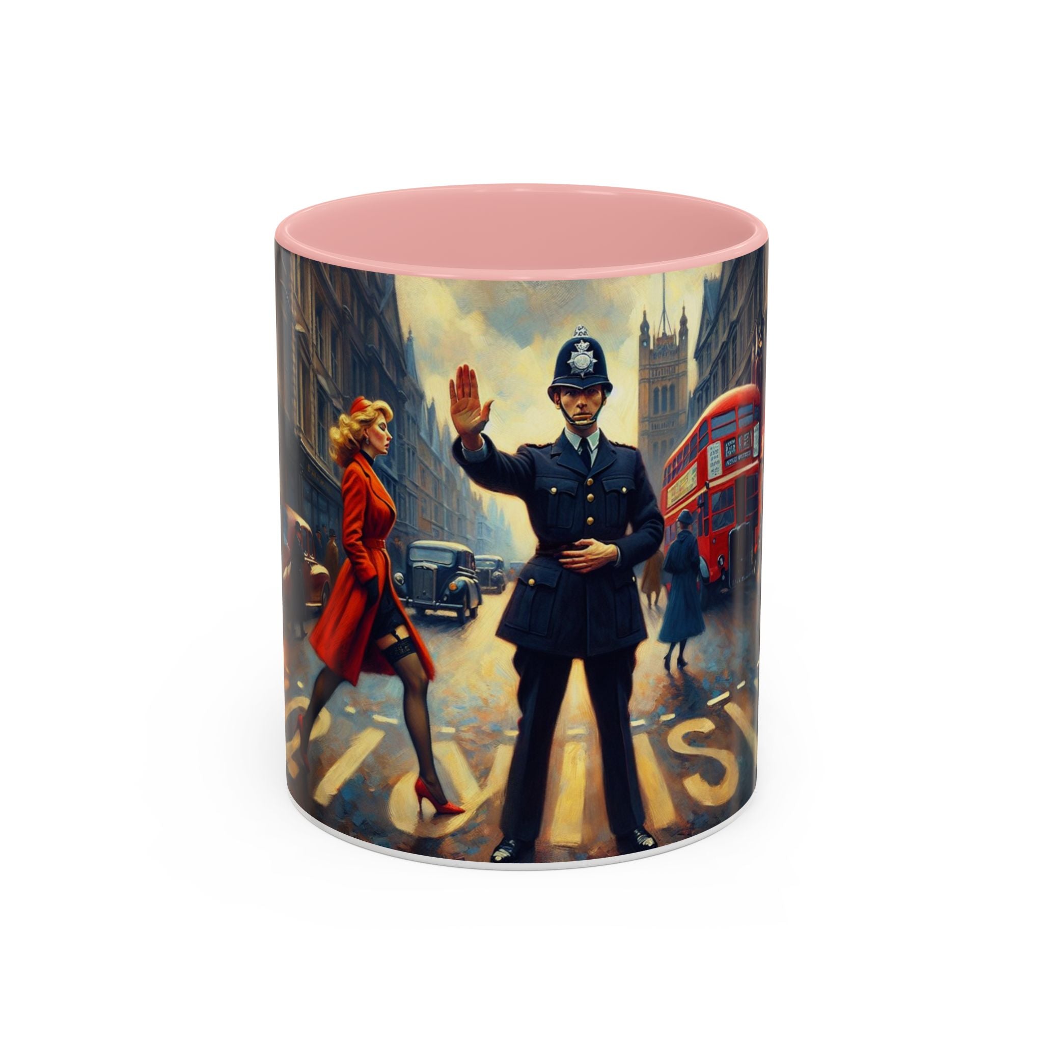 Elegant Vintage-Inspired Cityscape Accent Coffee Mug - 11oz & 15oz displayed in a cozy kitchen setting.