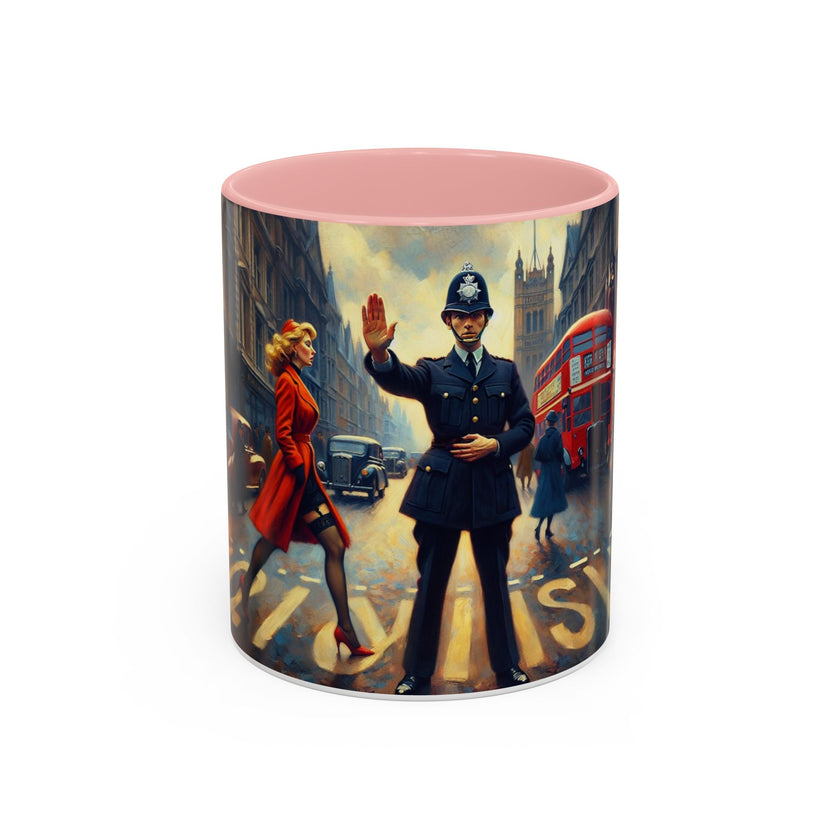 Elegant Vintage-Inspired Cityscape Accent Coffee Mug - 11oz & 15oz displayed in a cozy kitchen setting.