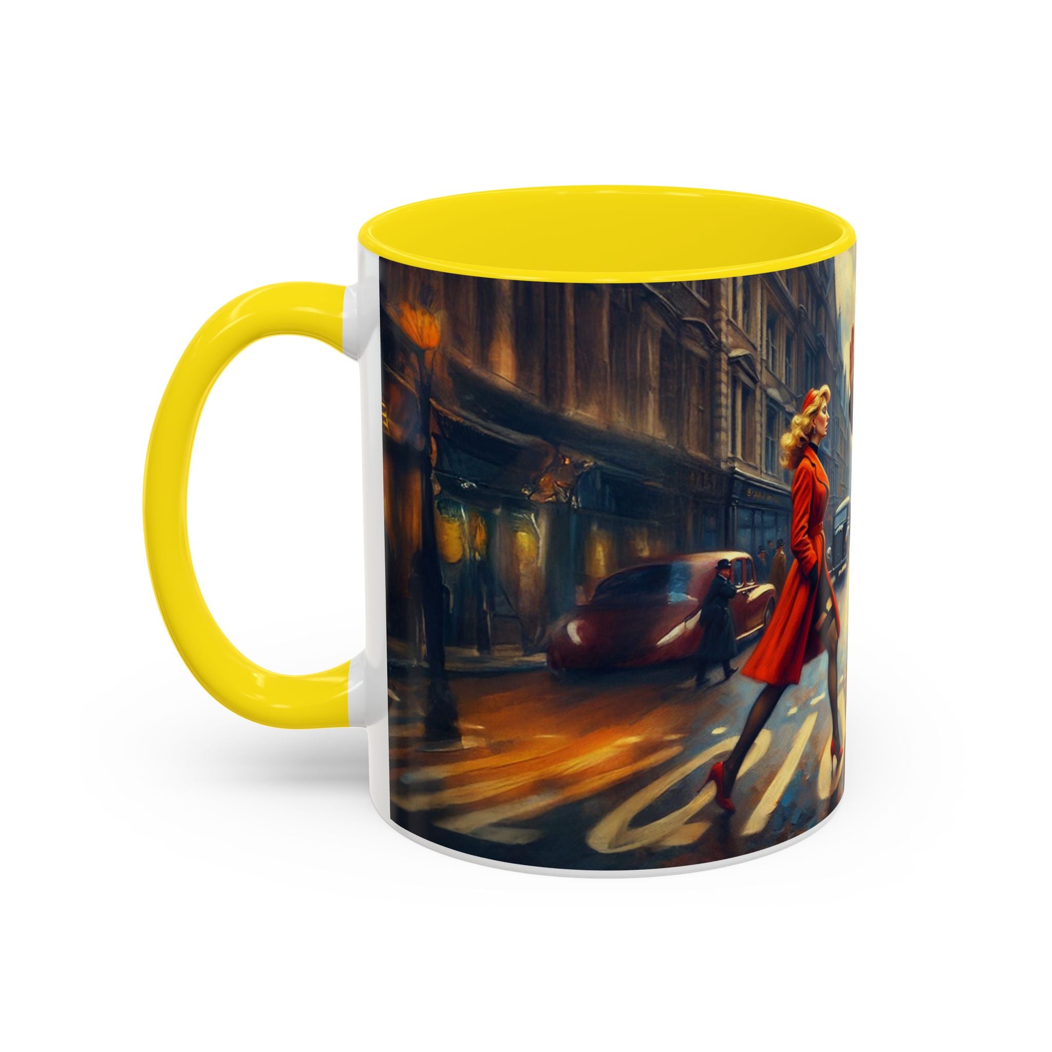 Vintage-Inspired Cityscape Accent Coffee Mug - 11oz & 15oz next to a plant, adding life to decor.