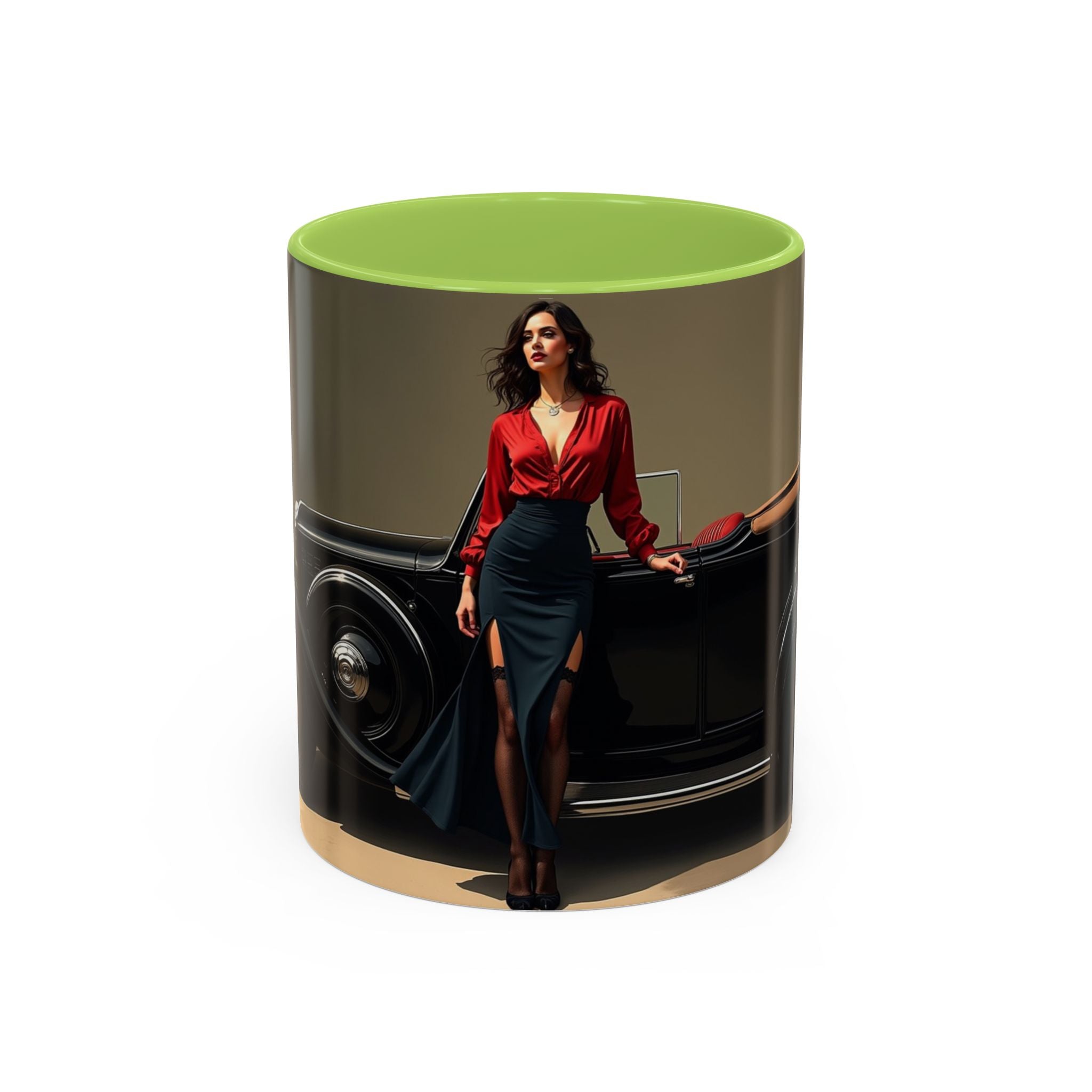 Artistic Accent Coffee Mug showcasing a classic car, makes every sip special.