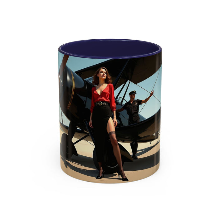 Close-up of Vintage Aviation Accent Coffee Mug showcasing vibrant colors and glossy finish.