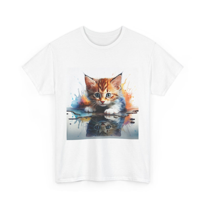 Adorable Cat Reflection Unisex Heavy Cotton Tee, Pet Lover T-Shirt, Animal Art Shirt, Cute Cat Gift for Her, Everyday Casual Wear