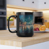 Stylish Urban Scene Mug placed on a shelf, showcasing its artistic design as unique drinkware.