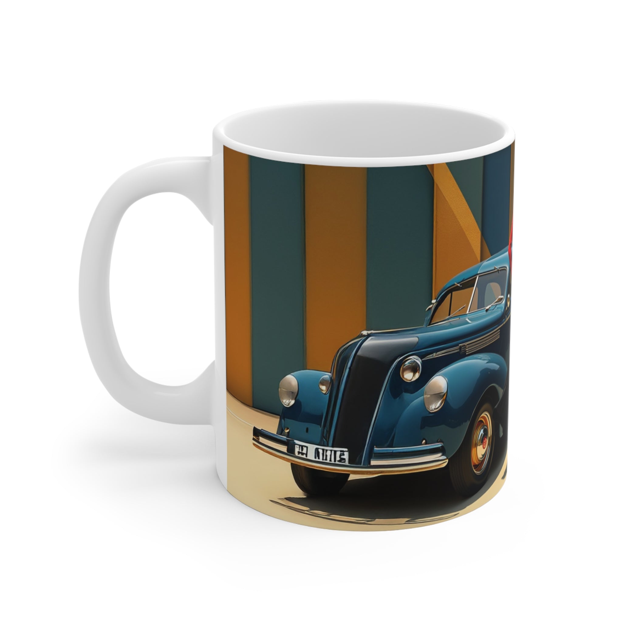 Vintage Glamour Blue Car London Mug, Enthusiast Gift, Coffee Cup, Retro, Unique, Mug, Glamour, Retro, Woman, Dress, Red