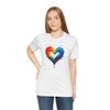 Rainbow Heart Ladies Shirt Jersey Short Sleeve Tee - Stylish model wearing the tee in a casual setting.