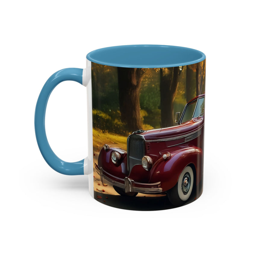 Vintage Autumn Vibes Coffee Mug in a sunlit window.