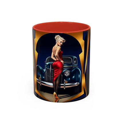 Group of Vintage Pin-Up Coffee Mugs - Classic Car Design in various sizes, 11oz and 15oz.