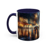 Elegant Nighttime Cityscape Coffee Mug on a kitchen counter, showing off its artistic design for coffee lovers.